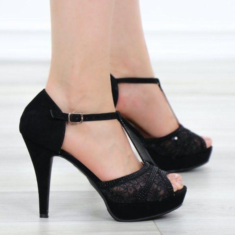 Velvet Platform T Strap Heeled Sandals Transparent Lace - Picture 5 of 9